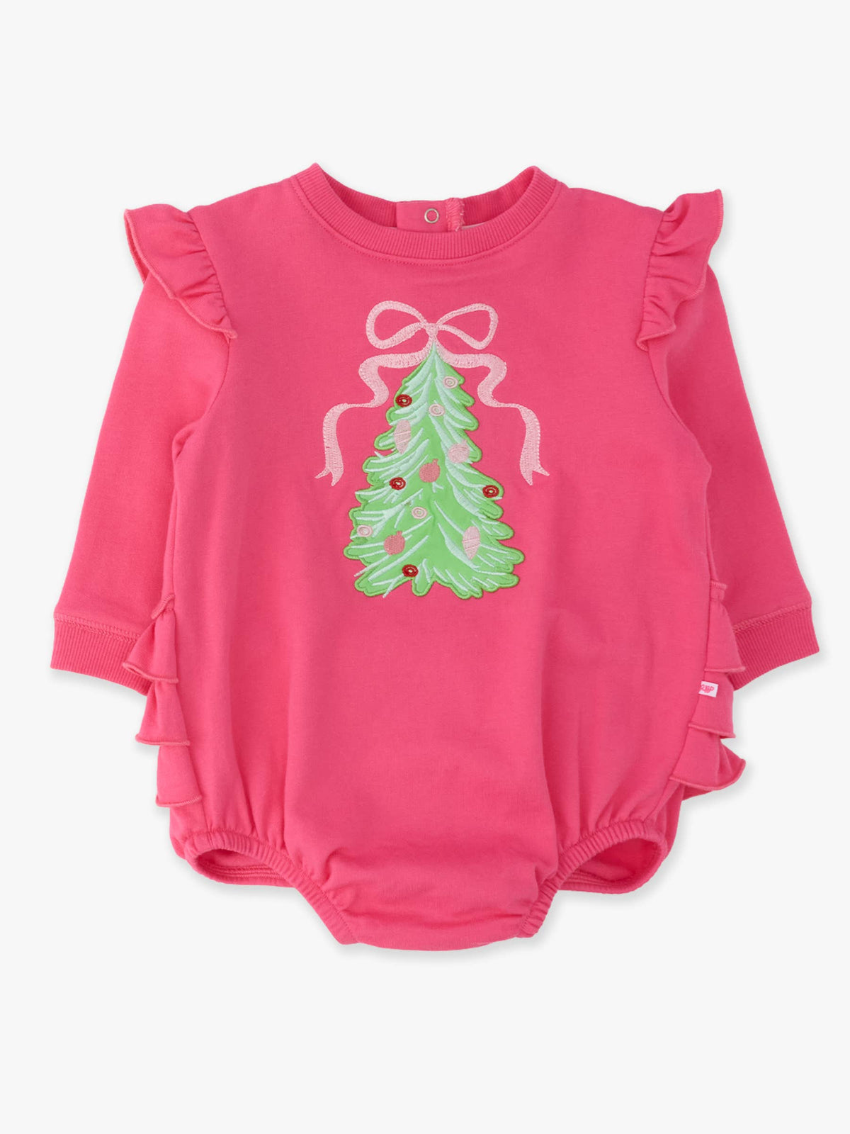 Baby Girls Christmas Tree Hot Pink Bow Applique Sweatshirt Bubble Romper with Signature Rear Ruffles
