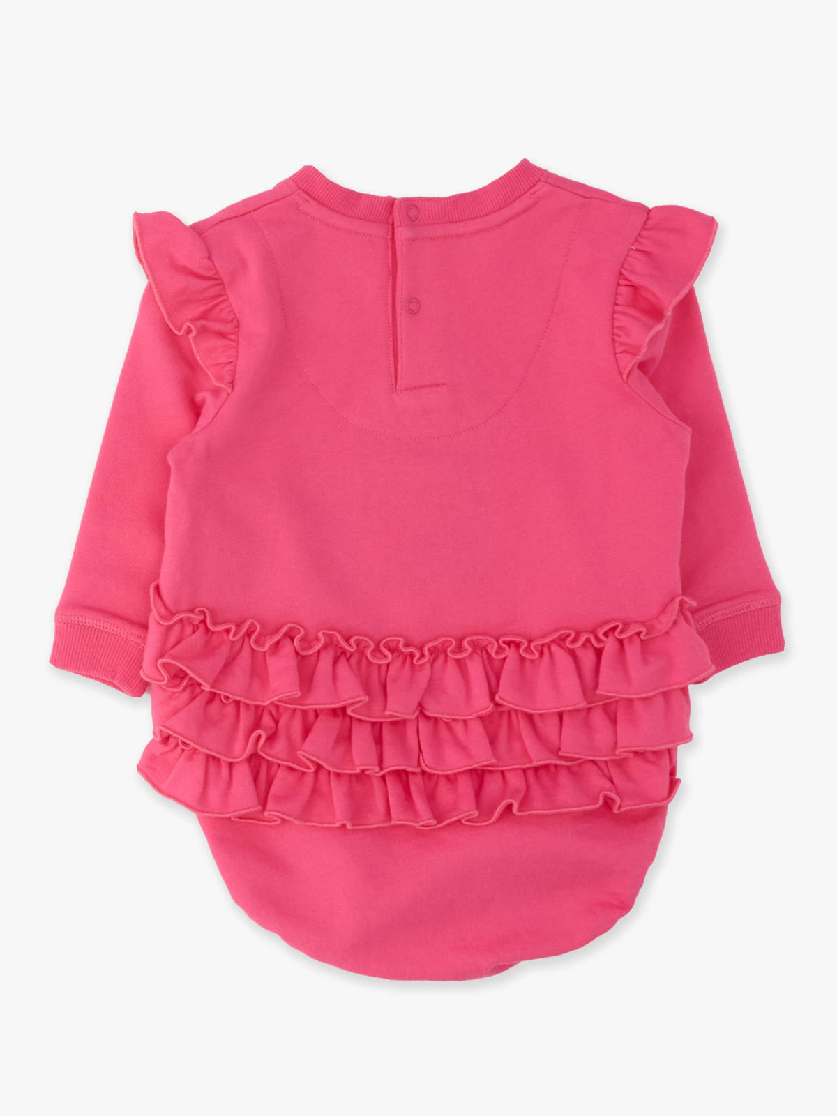 Baby Girls Christmas Tree Hot Pink Bow Applique Sweatshirt Bubble Romper with Signature Rear Ruffles