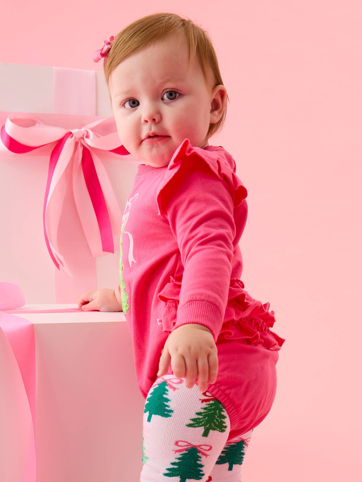 Baby Girls Christmas Tree Hot Pink Bow Applique Sweatshirt Bubble Romper with Signature Rear Ruffles