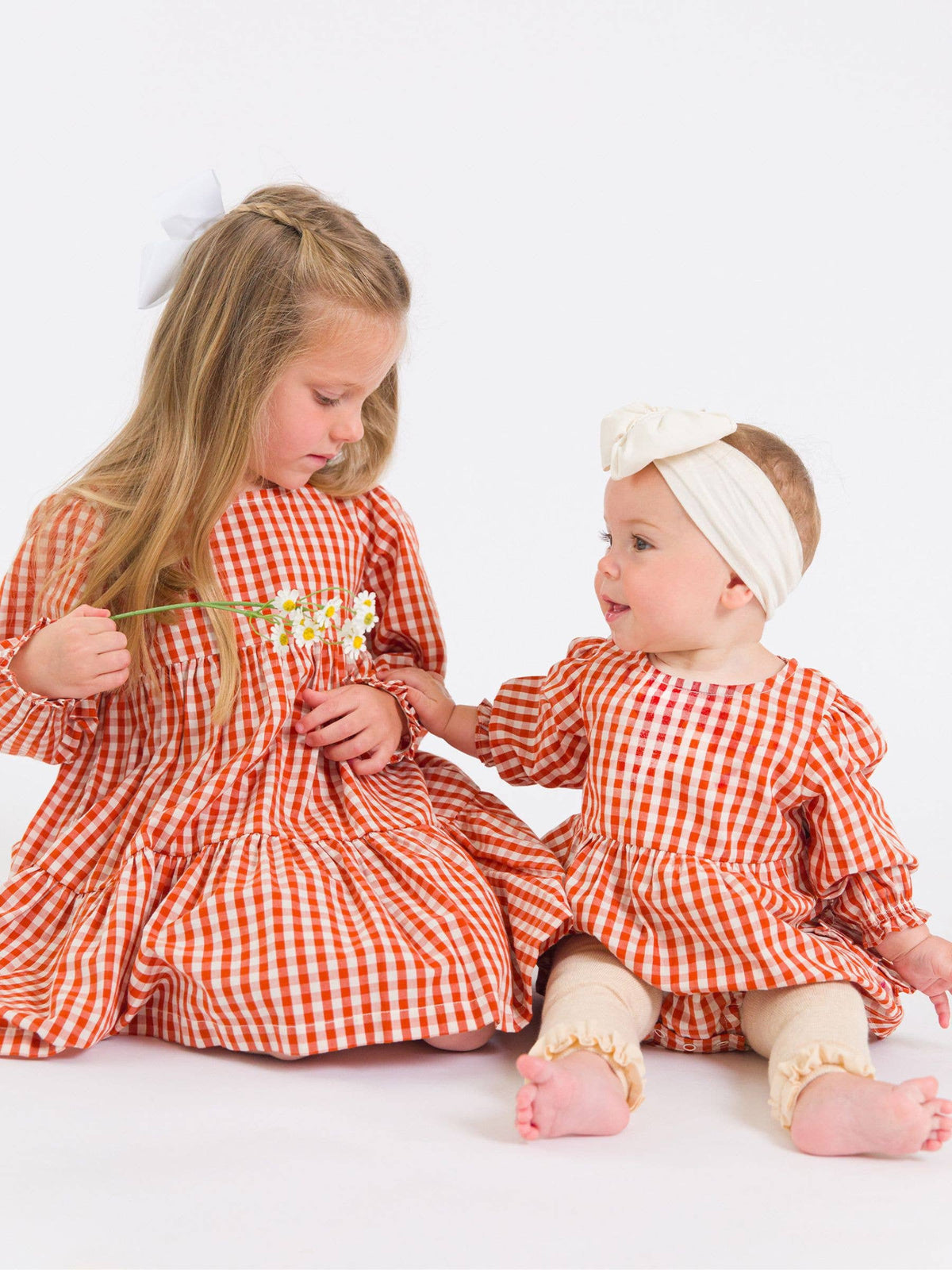 Baby Girls Classic Rust Gingham Woven Long Sleeve Bubble Romper
