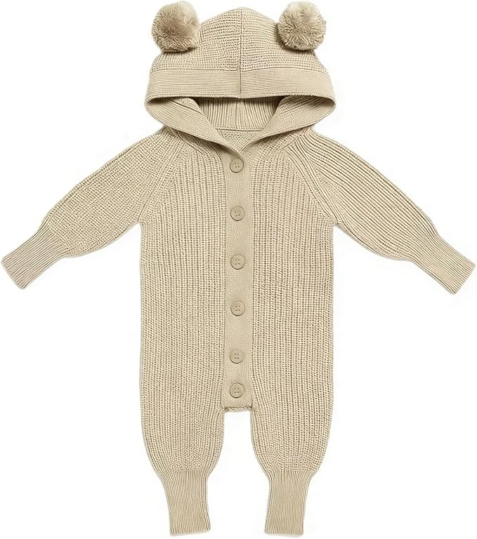 Newborn Baby Knitted 100% Cotton Romper Sweater Jumpsuit with Pom Pom Ears, Long Sleeve Outfit