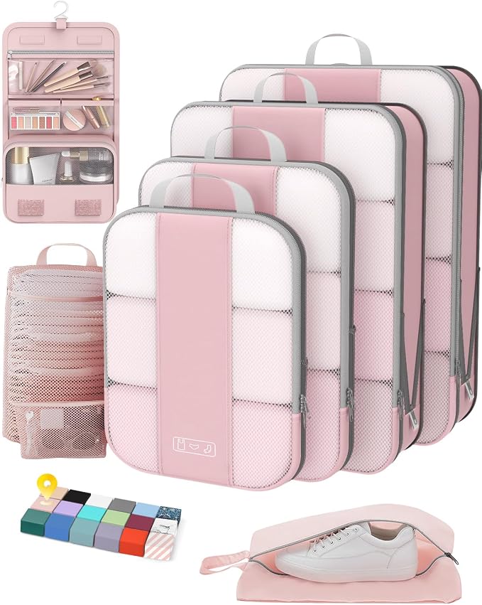 OlarHike 8 Set Compression Packing Cubes for Travel Essentials,Compressible Expandable Space Saver Bags for Organizing Clothes,Luggage Suitcase Garment Bags with Over 1000 pcs Mesh Holes(Pink)