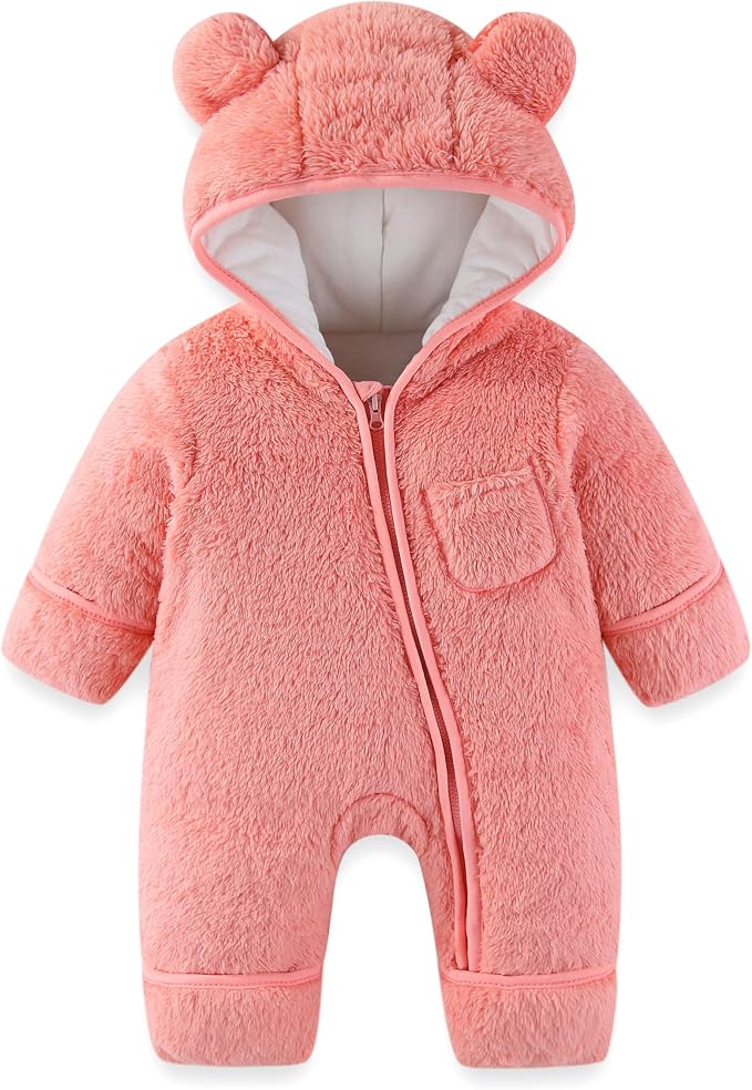 Newborn Baby Bear Outfit With Fold-Over Mittens and Footies Girls Boys Winter Fleece Clothes Hooded Romper Snowsuit