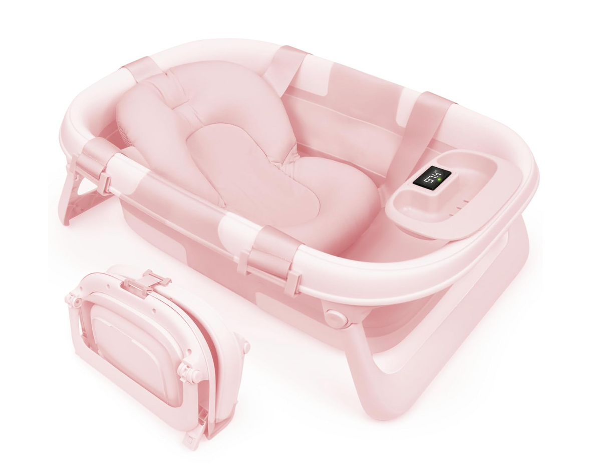 Baby Foldable Baby Bathtub – Portable for Travel – Thermometer (Pink)