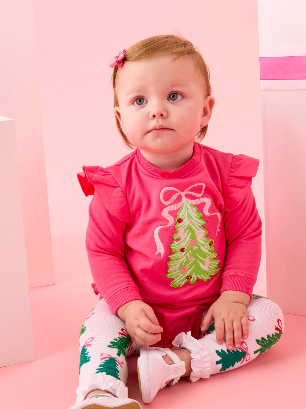 Baby Girls Christmas Tree Hot Pink Bow Applique Sweatshirt Bubble Romper with Signature Rear Ruffles