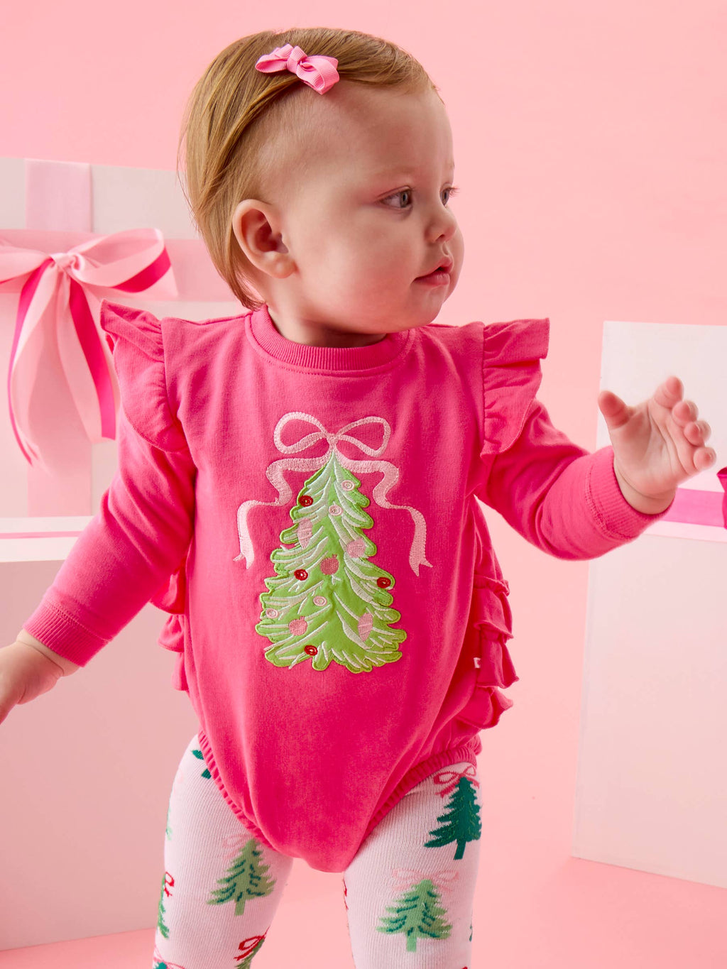 Baby Girls Christmas Tree Hot Pink Bow Applique Sweatshirt Bubble Romper with Signature Rear Ruffles